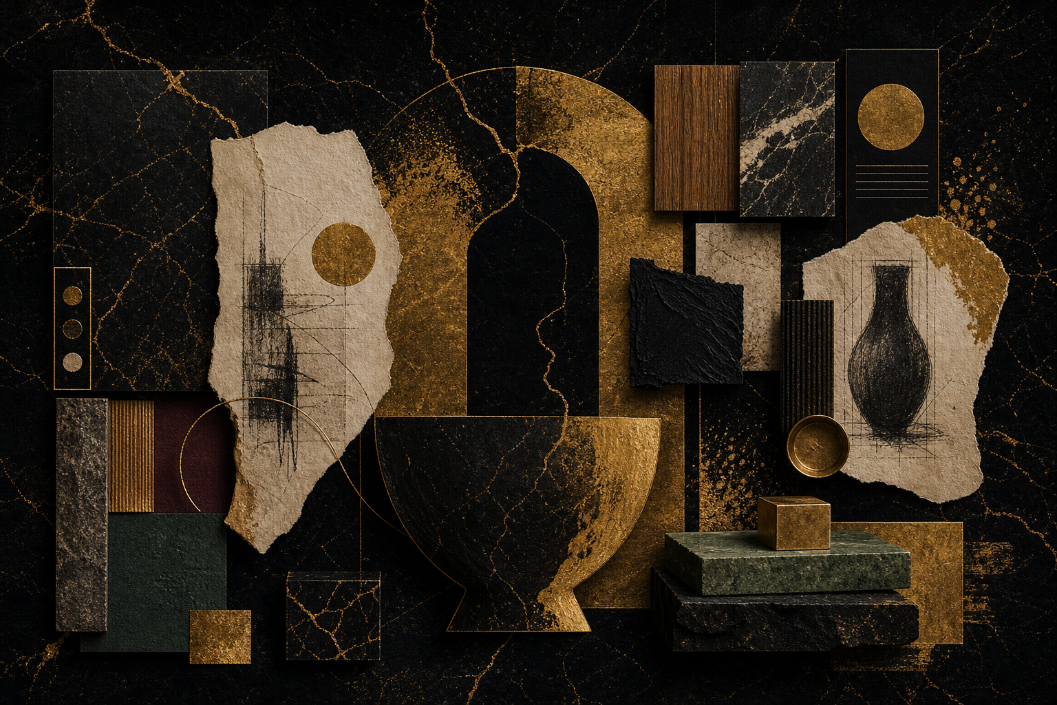 Black and gold material swatches with handmade marks and tactile texture.